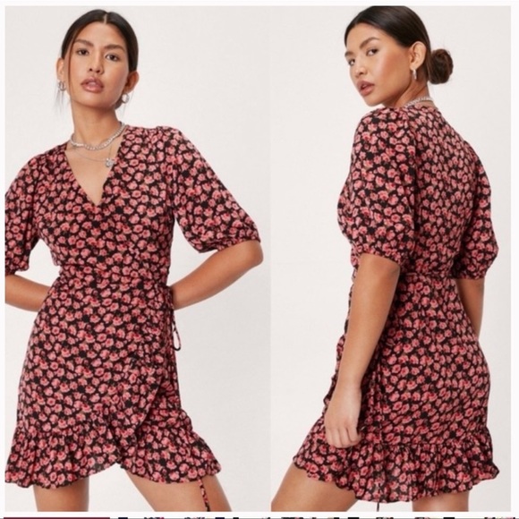 Nasty Gal Rose Floral Mini Wrap Dress Large - Picture 1 of 4